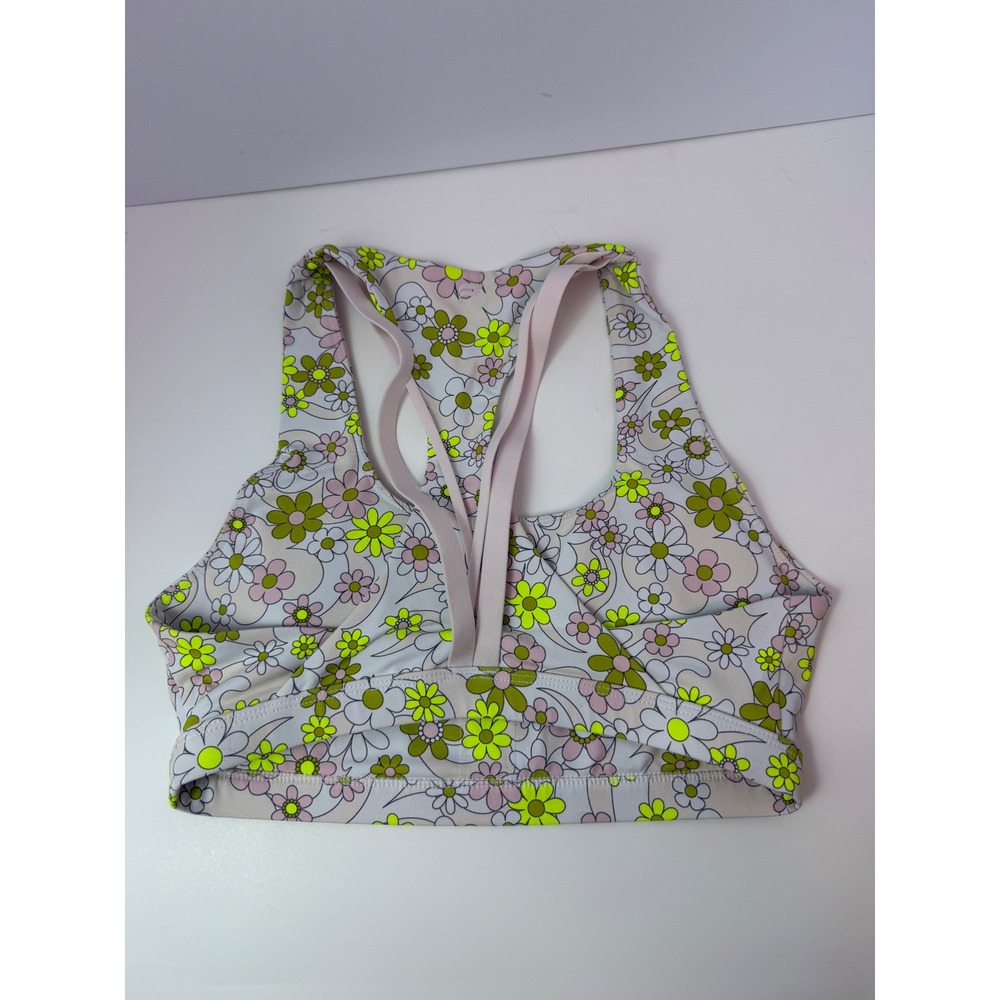 Fabletics Retro Floral Sports Bra Neon Yellow Green Racerback Activewear Small - Picture 2 of 5